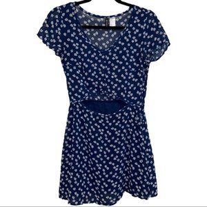 Divided Navy Blue White Floral Fit and Flare Cut Out Scoop Neck Mini Dress